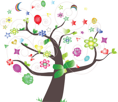 colorful tree with flowers, balloons, stars clip art preview