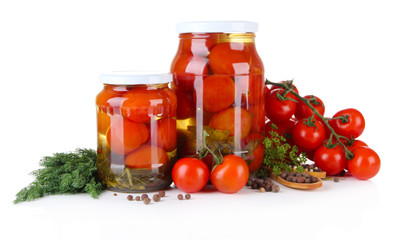 Tasty canned and fresh tomatoes, isolated on white