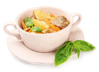 Homemade beef stir fry with vegetables in color bowl, isolated