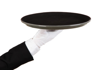 Empty tray in hand waiter isolated on white