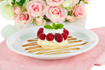 Tasty meringue cake with berries, close up