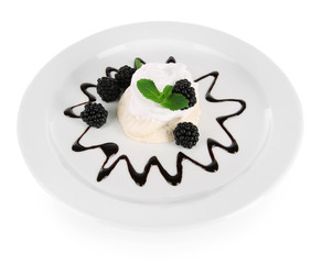 Tasty meringue cake with berries, isolated on white