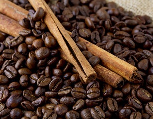 coffee beans and cinnamon sticks