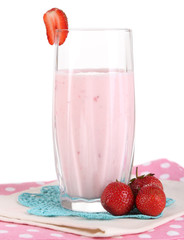 Delicious milk shake with strawberries isolated on white
