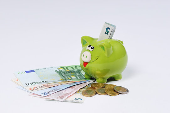 Sparschwein mit Euro Scheinen und Euro Münzen