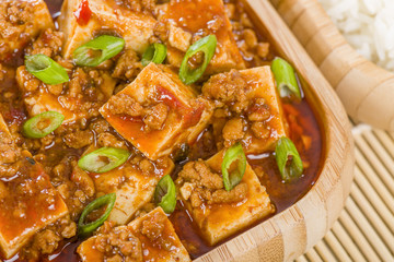 Mapo Tofu - Szechuan tofu and minced pork dish with rice.