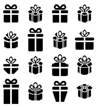 Gift box pixel icons, holiday presents.