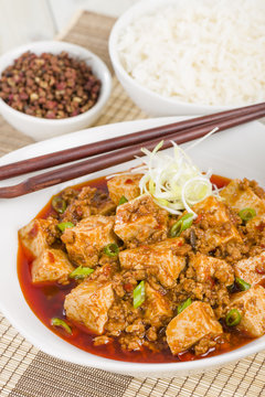 Mapo Tofu - Szechuan tofu and minced pork dish with rice.
