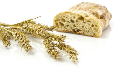 Bread with wheat on a white background