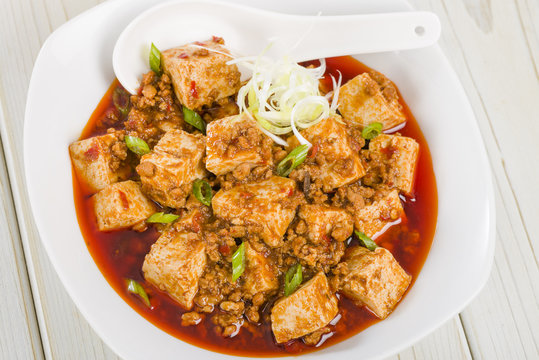 Mapo Tofu - Szechuan tofu and minced pork dish with rice.