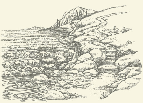 Vector landscape. Steps to rocky shore
