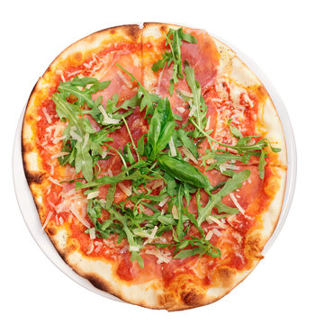 Pizza with parma ham, isolated, clipping path included