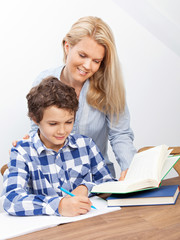 Mother and son studying