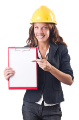 Woman with hard hat and binder