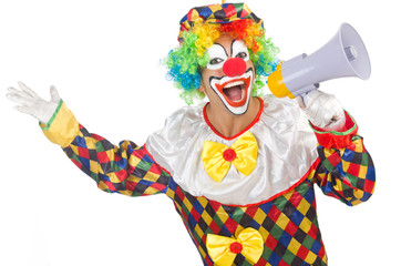 Clown with loudspeaker on white