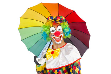 Clown with umbrella isolated on white