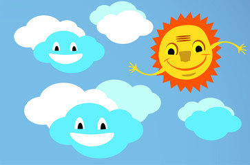 smiling sun with hands and clouds