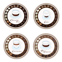 Four Kind of Coffee Beverage in Retro Round Label