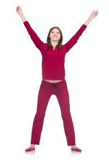 Young woman doing exercises on white