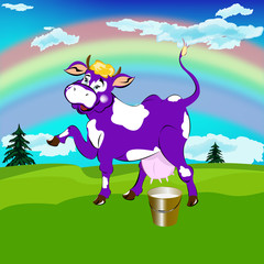 Label dairy products.A cheerful purple cow