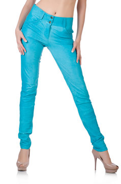 Woman legs in blue trousers