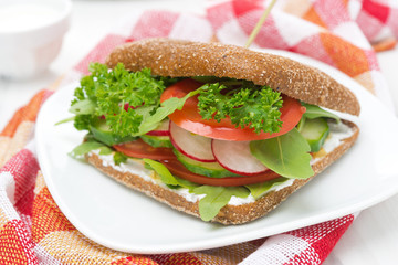 Healthy food - sandwich with cottage cheese and vegetables