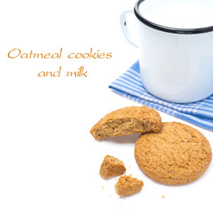 oatmeal cookies and enamel mug of milk isolated on white