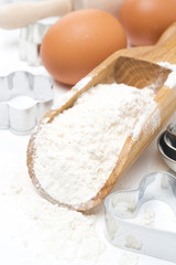 scoop with wheat flour, rolling pin, eggs and cookie cutters