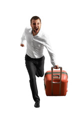 man running with bag and shouting