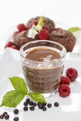 Chocolate dessert decorated with fresh raspberries
