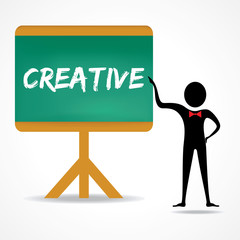 Man points to creative word on green board stock vector