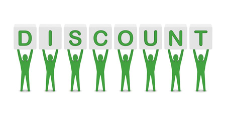 Men holding the word discount. Concept 3D illustration.