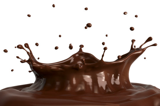 Hot chocolate splash closeup, isolated on white background.