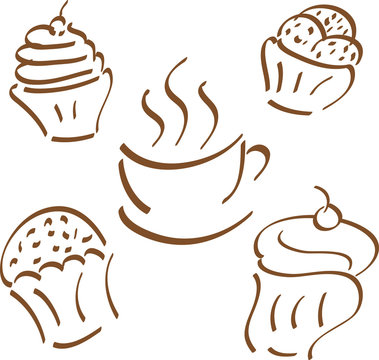 cupcakes and coffee cup  icon in doodle style