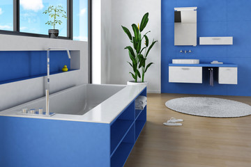 Modern Bathroom interior with blue colored furniture and wall