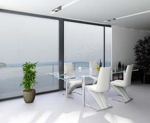 Modern luxury dining room with window with panoramic view