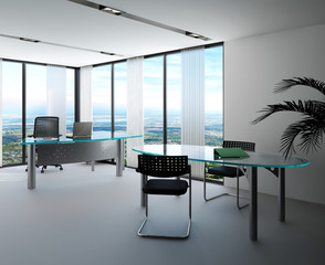 Modern office interior with huge windows with panoramic view
