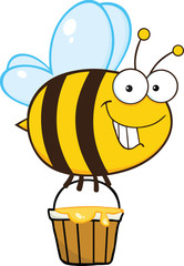 Smiling Cute Bee Flying With A Honey Bucket
