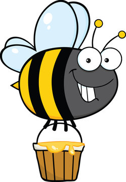 Smiling Cute Bee Cartoon Character Flying With A Honey Bucket