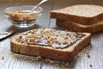 Bread with chocolate and hazelnuts, breakfast