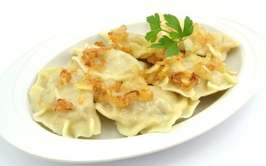 dumplings with meat, cabbage and onion