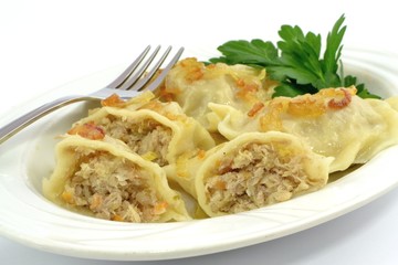 dumplings with meat, cabbage and onion