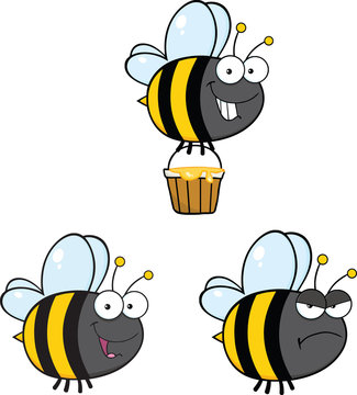 Cute Bee Cartoon Mascot Characters. Set Collection 4