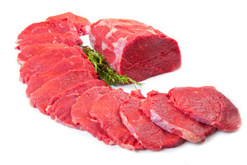 huge red meat chunk and steak isolated over white  