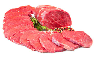 huge red meat chunk and steak isolated over white  