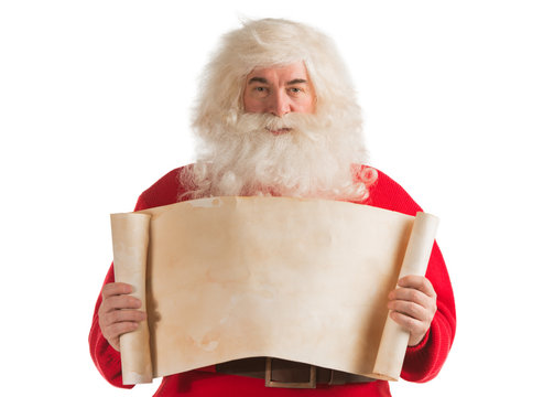Santa Claus holding vintage paper blank sign