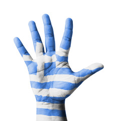 Open hand raised, multi purpose concept, Greece flag painted