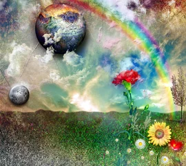 Selbstklebende Fototapete Phantasie Verzauberte Landschaft mit Regenbogen