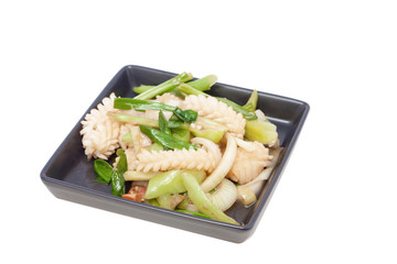 stir fried squid with pepper chili and onion