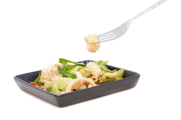 stir fried squid with pepper chili and onion